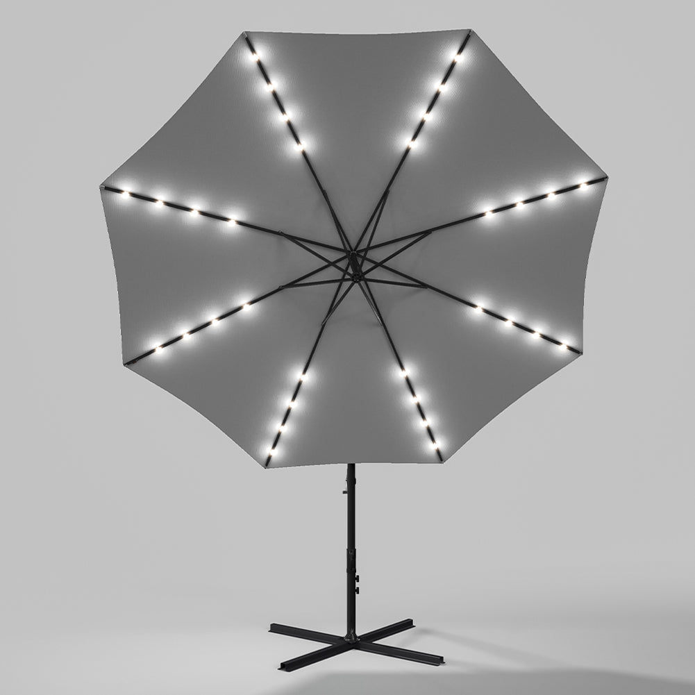 3 M Banana Patio Umbrella Cantilever Garden Parasol With Solar-powered 32 Led Lights, Crank For Opening Closing With Cross Base & Fillable Base | One Size | Light Grey