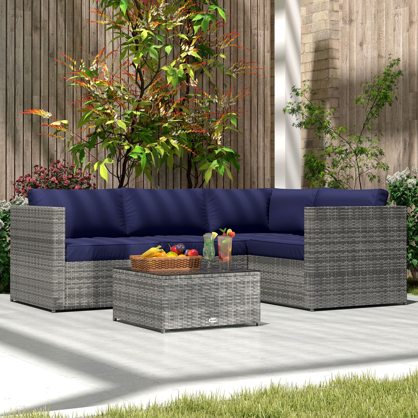 3pcs Rattan Corner Sofa Set With Coffee Table, Cushion, Blue