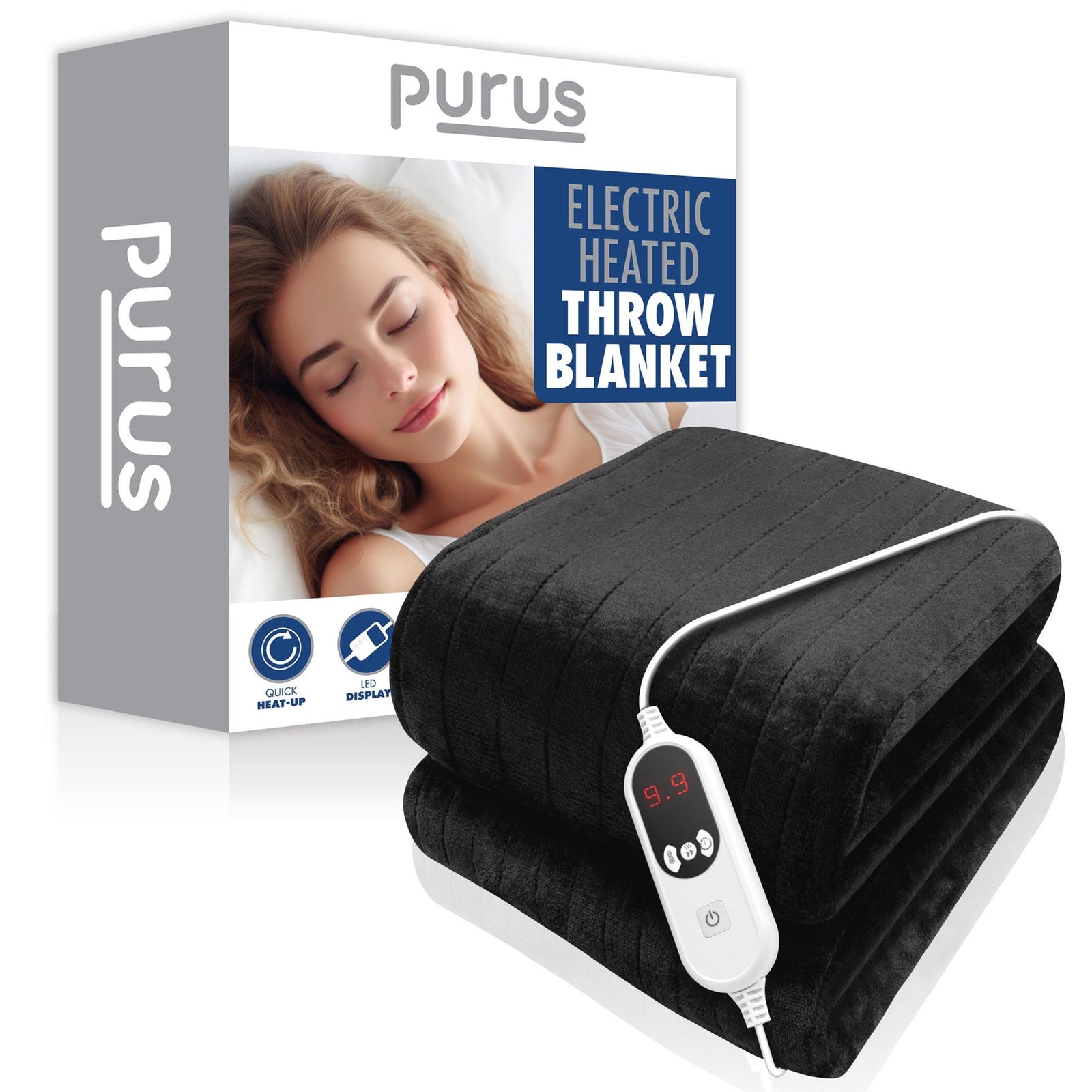Deluxe Xl Electric Throw Heated Double Over Electric Blanket Soft Fleece 9 Heat & 12 Timer Settings | XL | Black