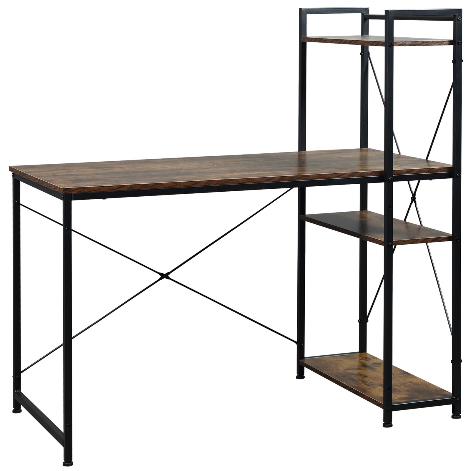 Computer Desk Laptop Table W/4-tier Bookshelf Metal Frame | Pale Brown