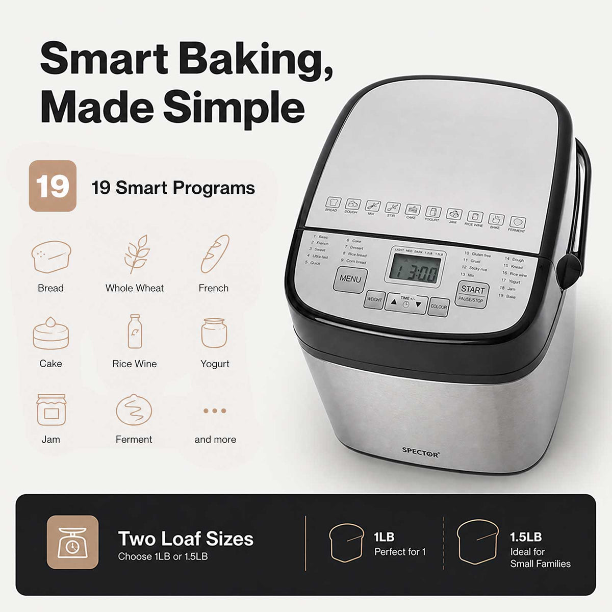 Spector Bread Maker 19 In 1 Compact Machine 15h Timer 1.5lb Black Silver