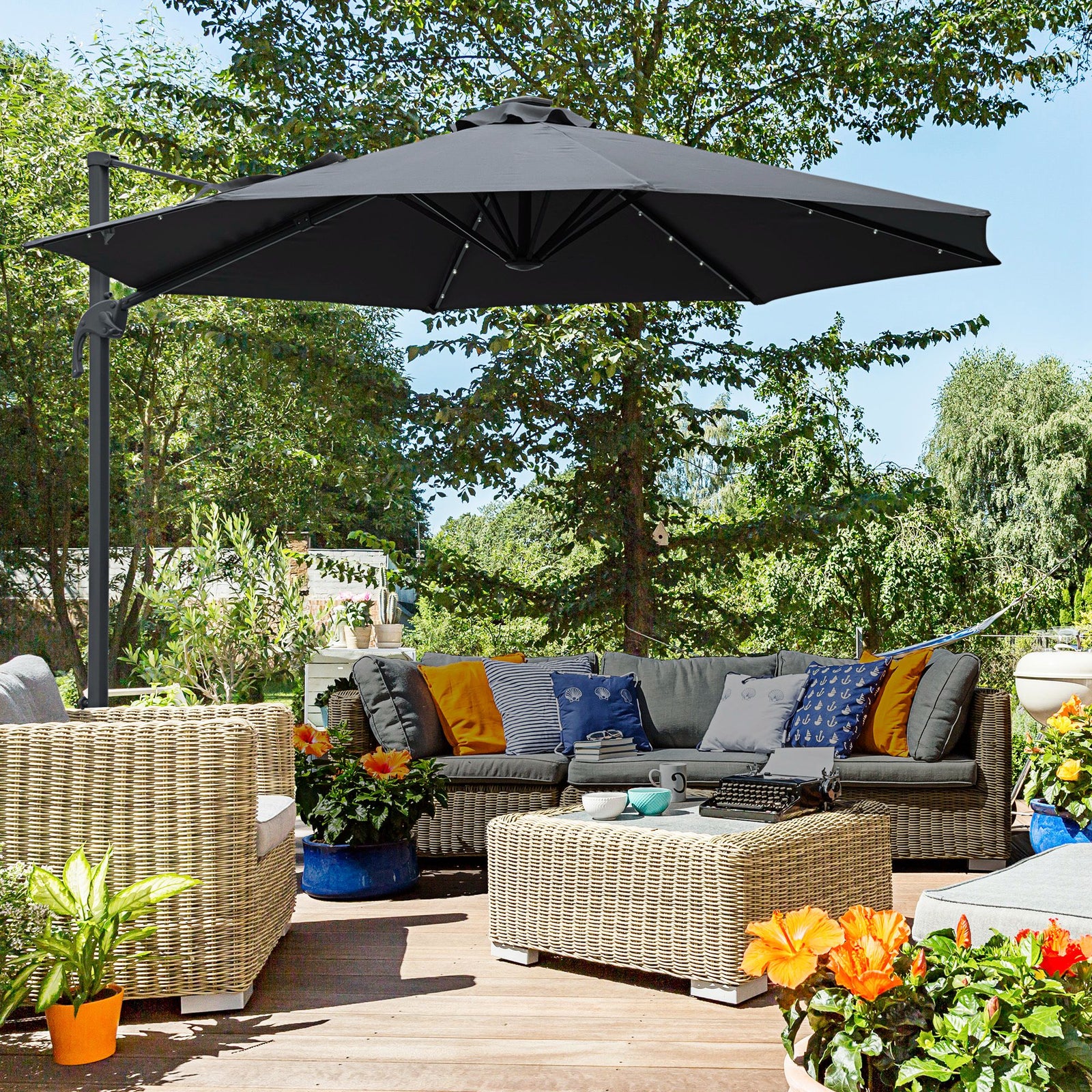 3m Led Cantilever Parasol W/ Solar Lights & Base | Dark Gray