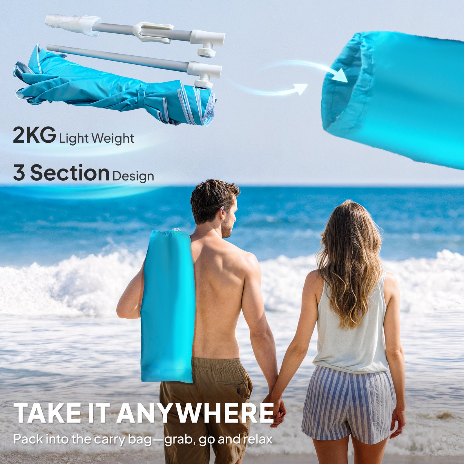 Beach Umbrella, Portable With Sand Anchor | Blue