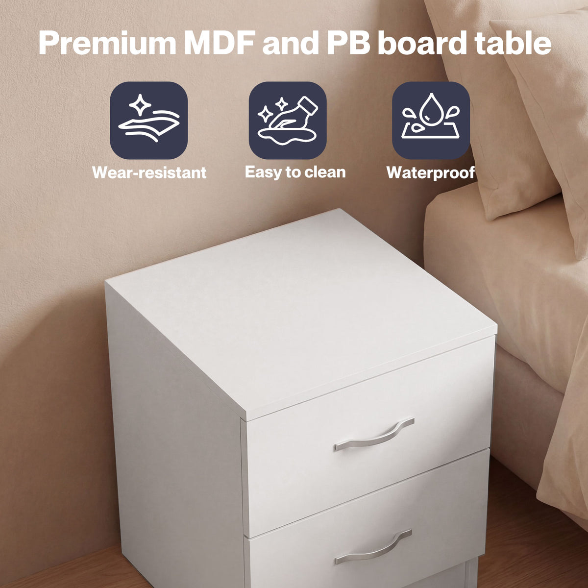 Bedside Table 2 Drawer Metal Handles Runners White Bedroom Cabinet | White
