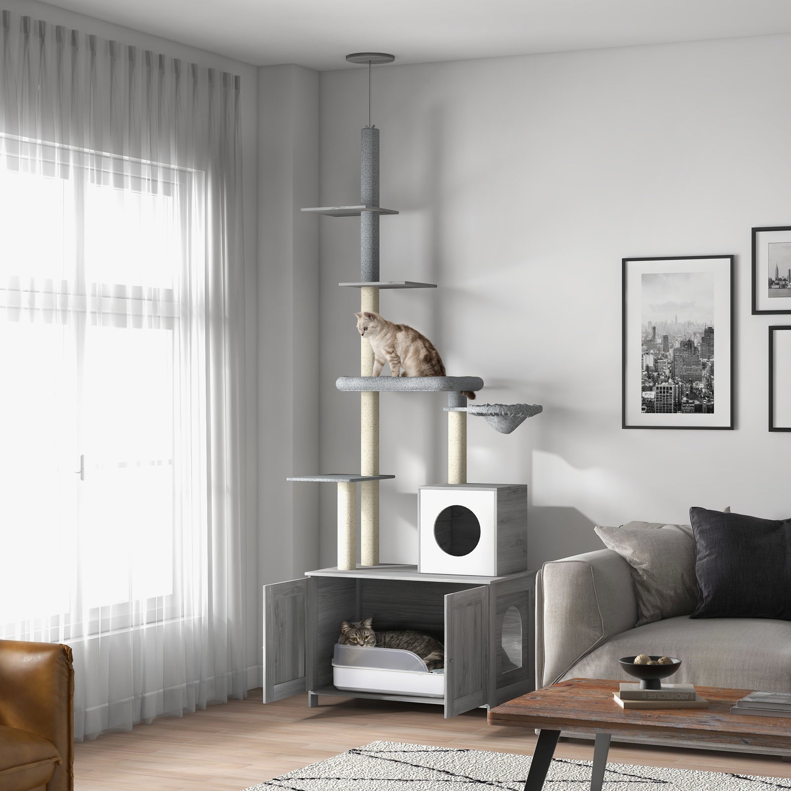 2-in-1 Hidden Litter Box With Floor-to-ceiling Cat Tree, Indoor - Grey