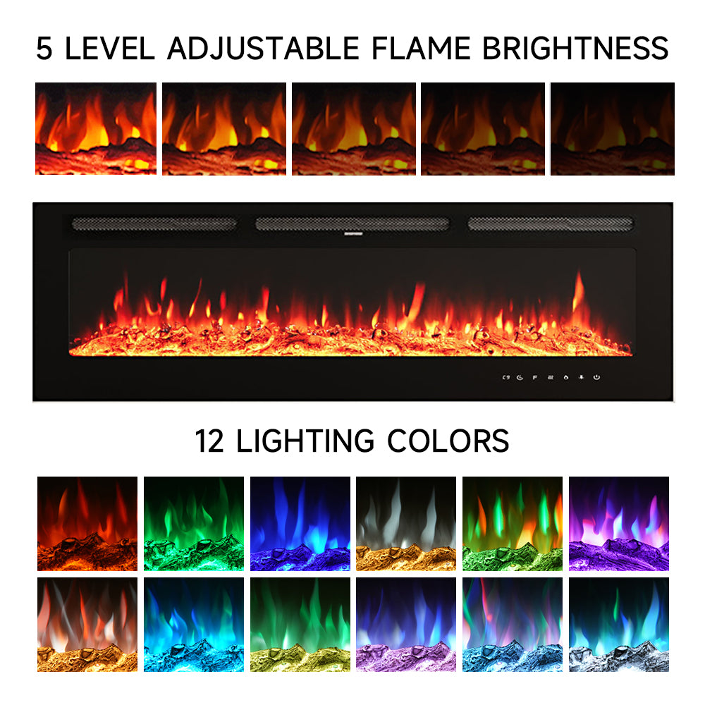 70/80-inch Black Electric Fireplace Heater, Wall Mounted Or Recessed With 12 Flame Colors, Adjustable Brightness & Remote Control | Large