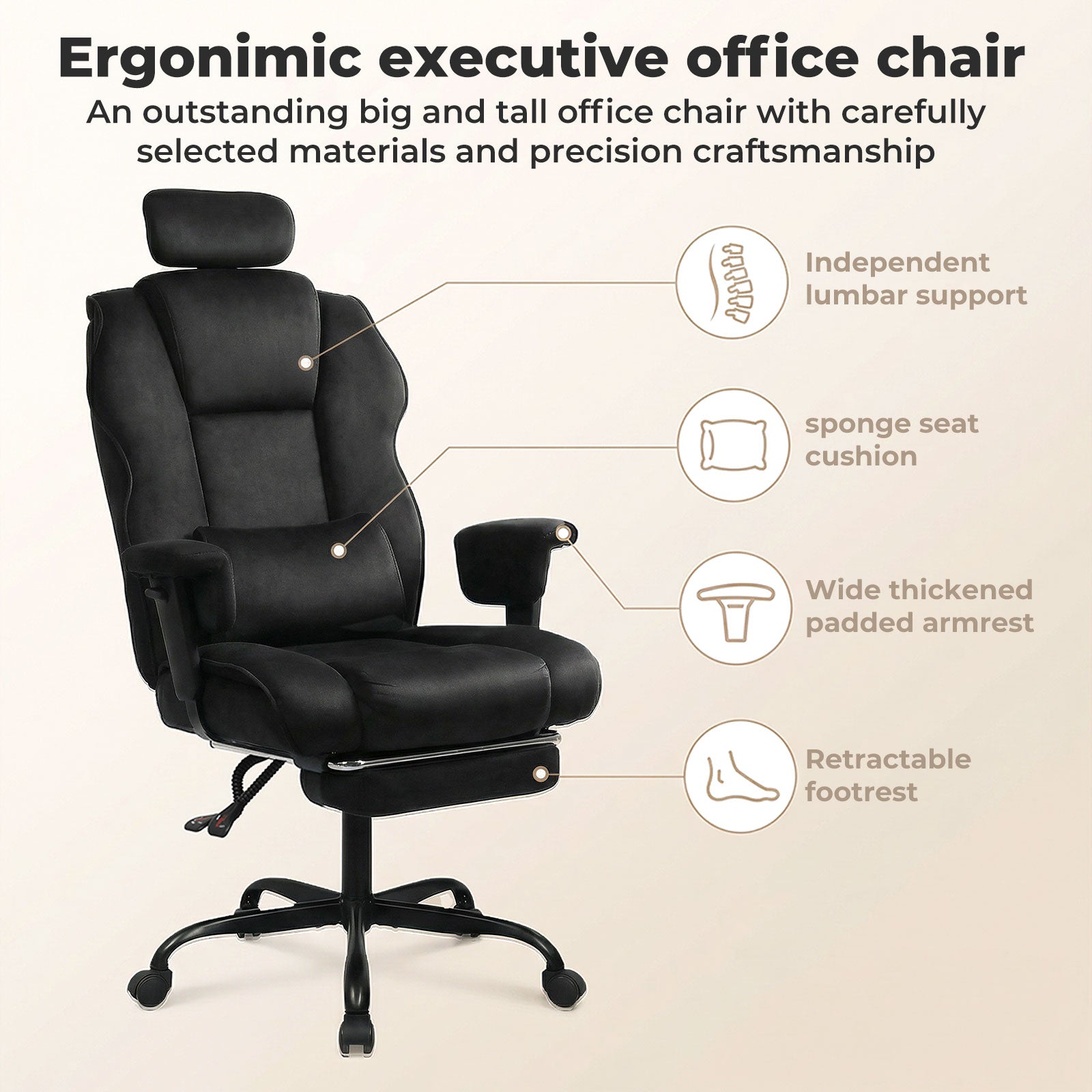 Ergonomic Office Chair Suede Fabric Wide Seat 155° Recline Footrest | Black