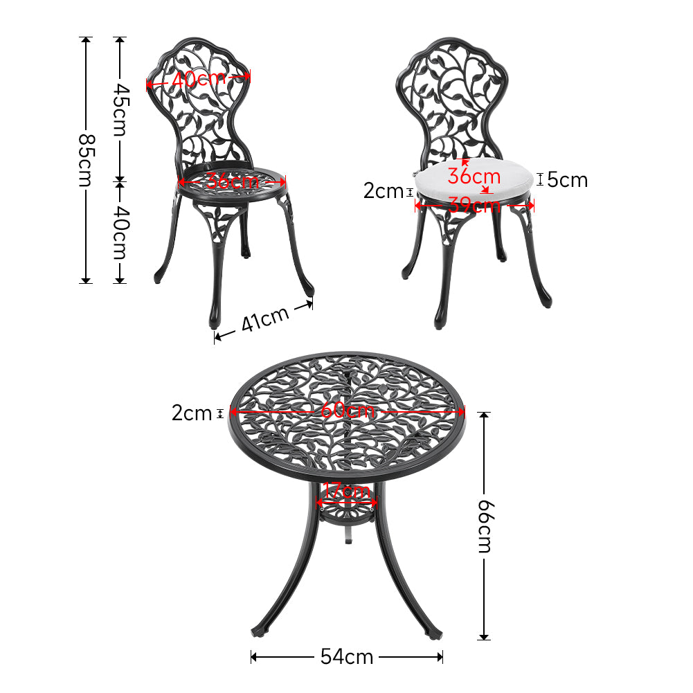 3-Piece Black Cast Iron Outdoor Bistro Set  Weather Resistant Patio Furniture with Round Table & 2 Chairs – Small Balcony or Garden Use | Set-of-3 | Black