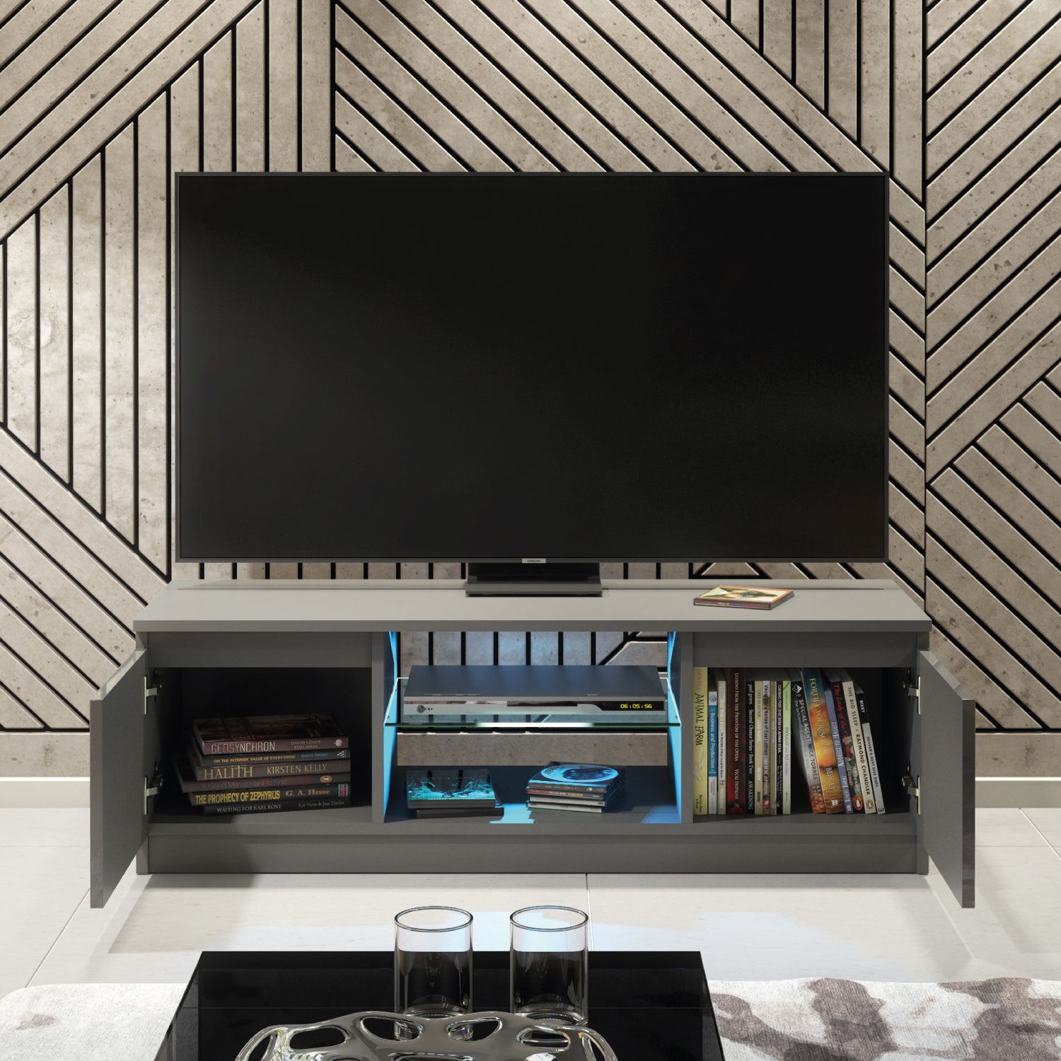 Aura Tv Unit 120cm With Led Lights | Large-Medium | Dark Grey
