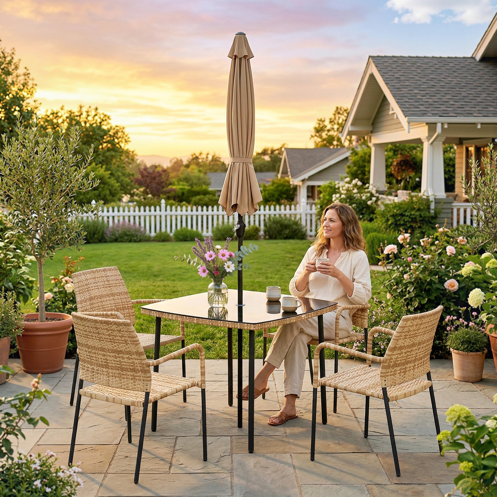 4 Seater Rattan Dining Set With Parasol | Brown
