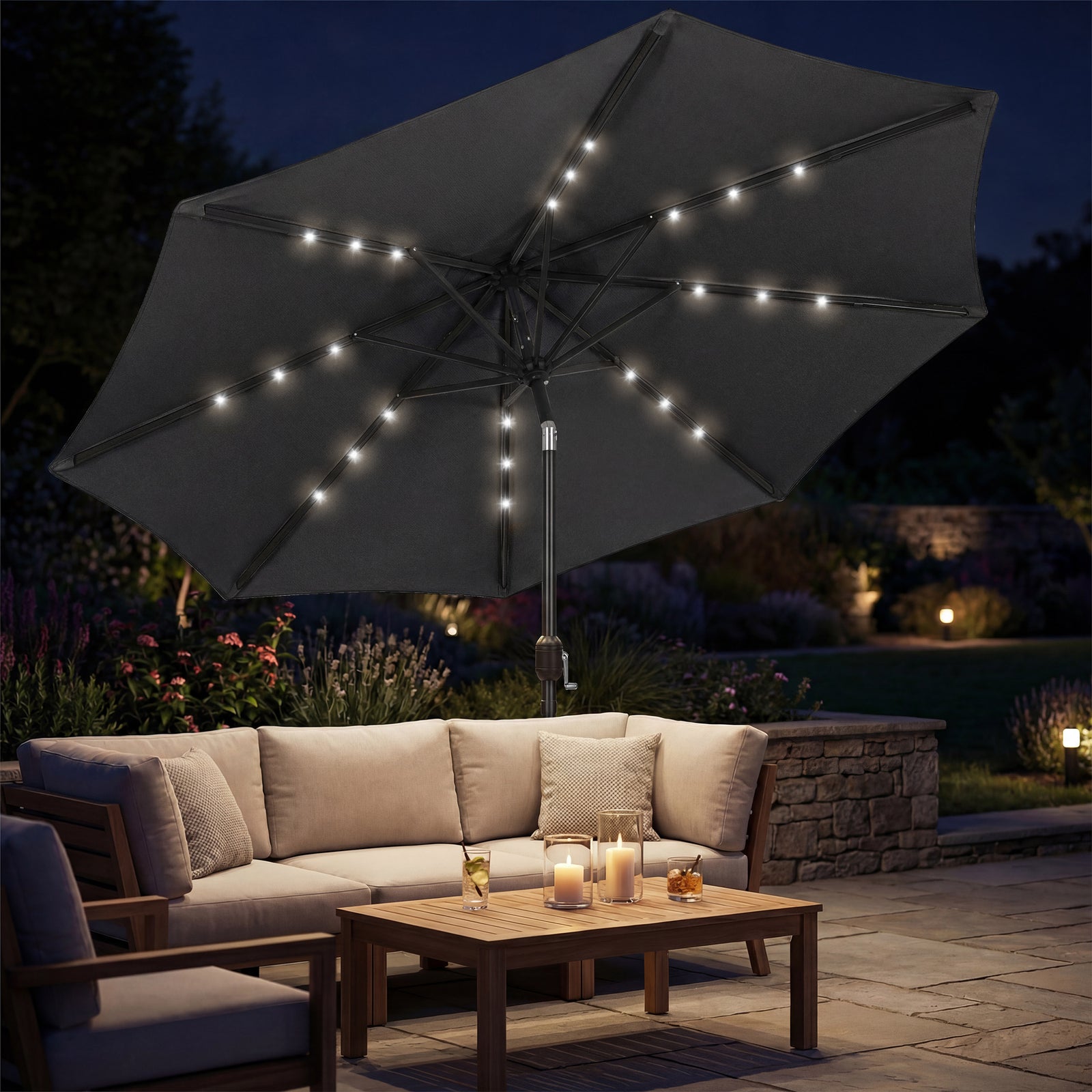 2.6 M Garden Parasol Umbrella With Light, Outdoor Patio Umbrella | Black