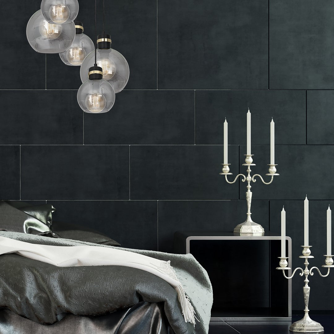 Omega Black/gold Pendant Lamp 5xe27 With Elegant Smoked Glass Spheres Quality Matt Black Fittings With Gold Detail