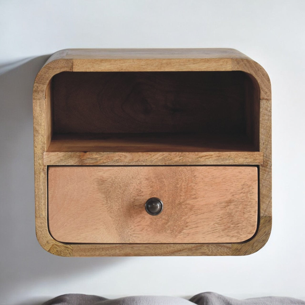Solid Wood Extra Mini Wall Mounted Curved Oak-ish Bedside With Open Slot
