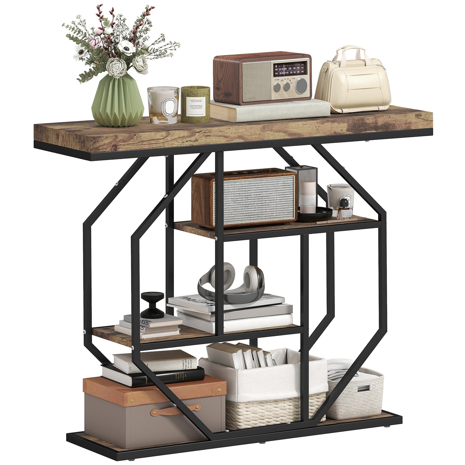 HOMCOM Industrial Console Table, Hallway Table With 4-tier Shelves