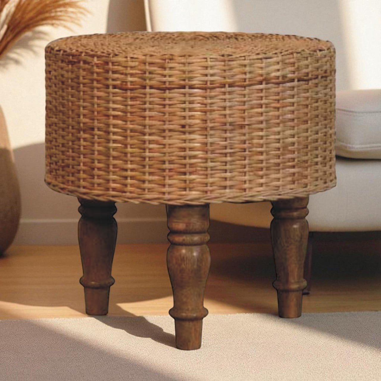 Solid Wood Regency Round Woven Stool, Light Brown