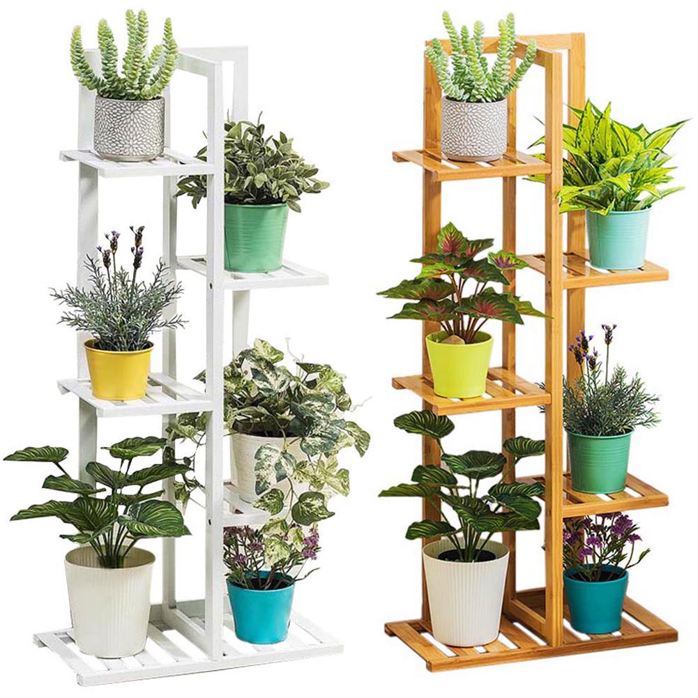 5 Tier Wooden Plant Stand Tall Plant Display Shelving Unit Indoor Outdoor Flower Rack 103cm Height | White