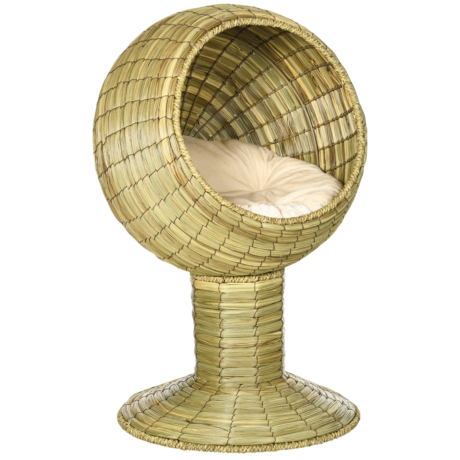 Raised Cat House, Natural Mat Grass Cat Bed W/ Stand Cushion, Φ41x 69 Cm