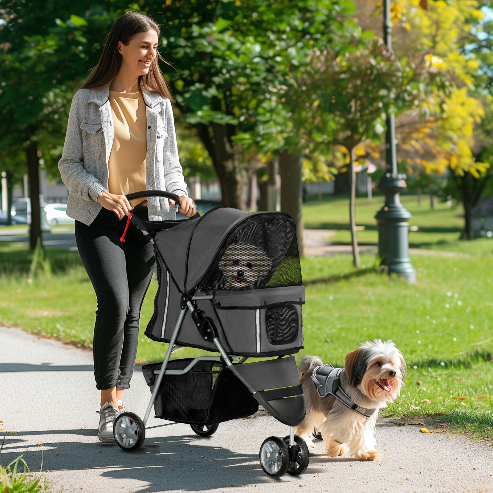 Pet Stroller Pushchair Carrier For Cat Puppy With 3 Wheels | Charcoal Gray