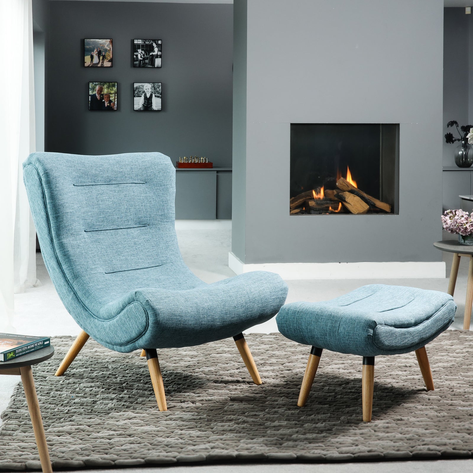 Madelia Textured Fabric Accent Chair And Stool And Footstool | Blue