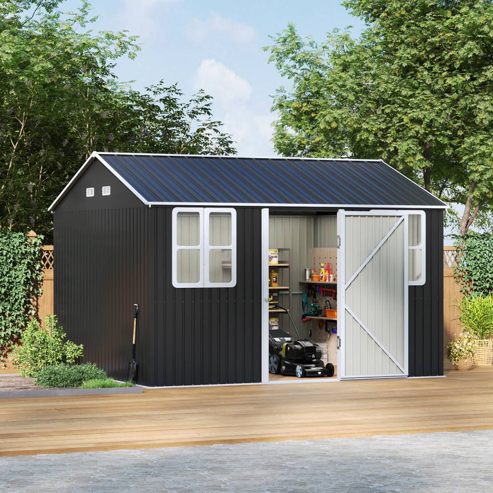 12x10ft Outdoor Metal Storage Shed With Apex Roof Lockable Doors, 2 Transparent Windows & 4 Ventilation Panels