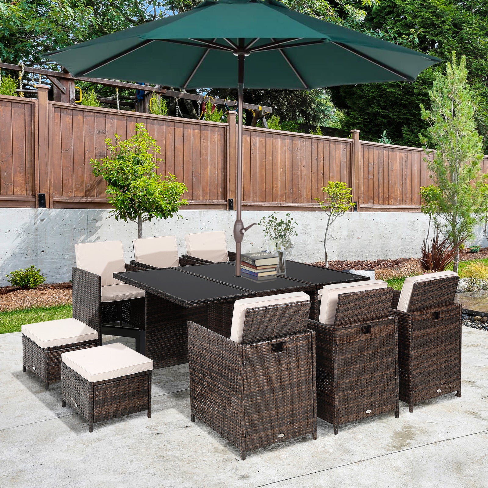 11 Pieces Rattan Dining Set Cushion Footrest Garden Wicker | Brown
