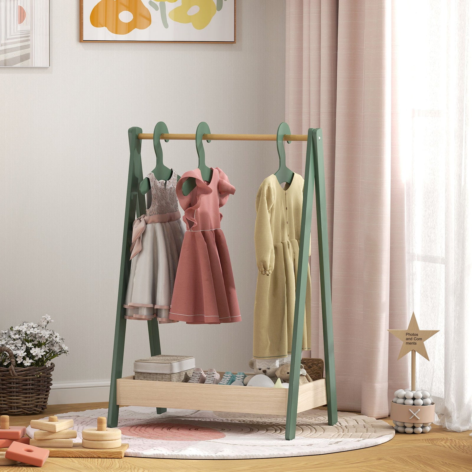 Aiyaplay Kids Clothes Rail With Hangers, Base Shelf For Girls, Boys, Green