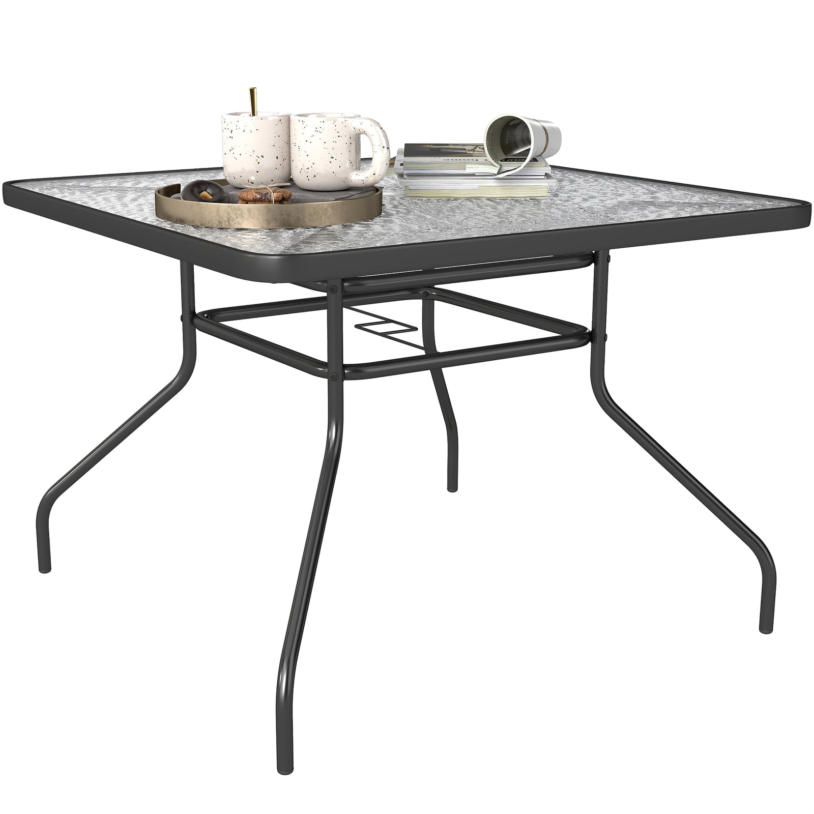 Square Patio Table, Tempered Glass, Steel Frame