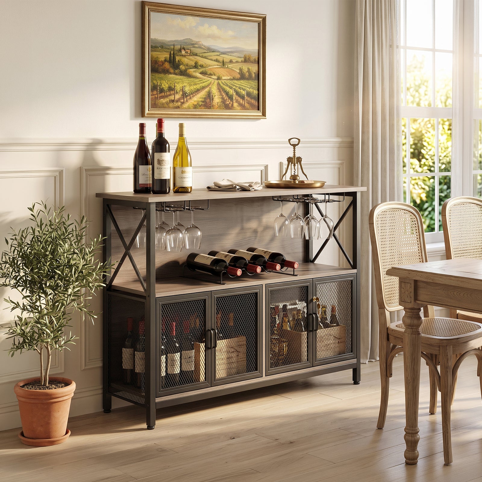 Industrial Wine Bar Cabinet With Metal Frame | Black & Grey
