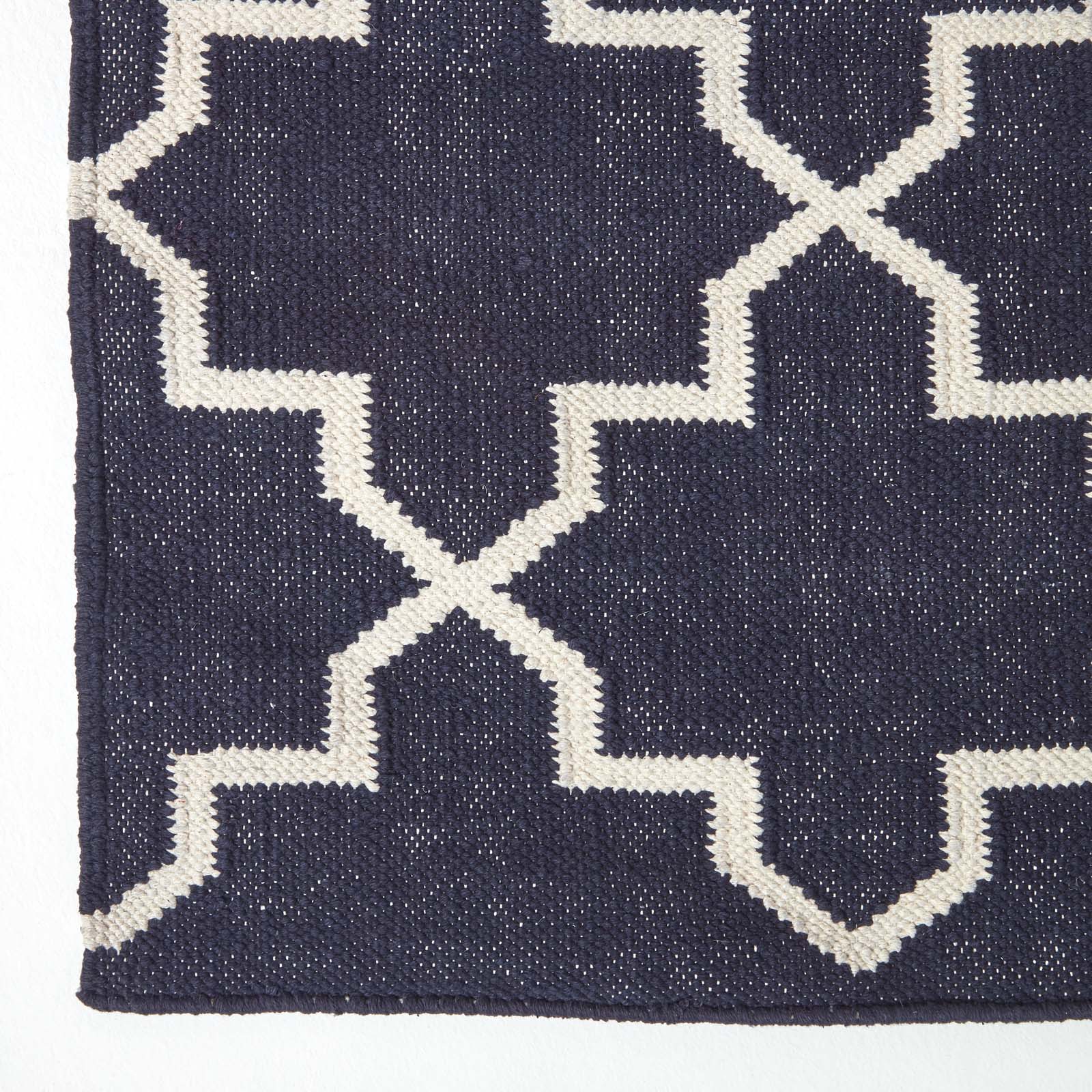 Edmonton Handwoven Navy Blue And White Cotton Geometric Kilim Rug | 150cm x 220cm | Navy Blue