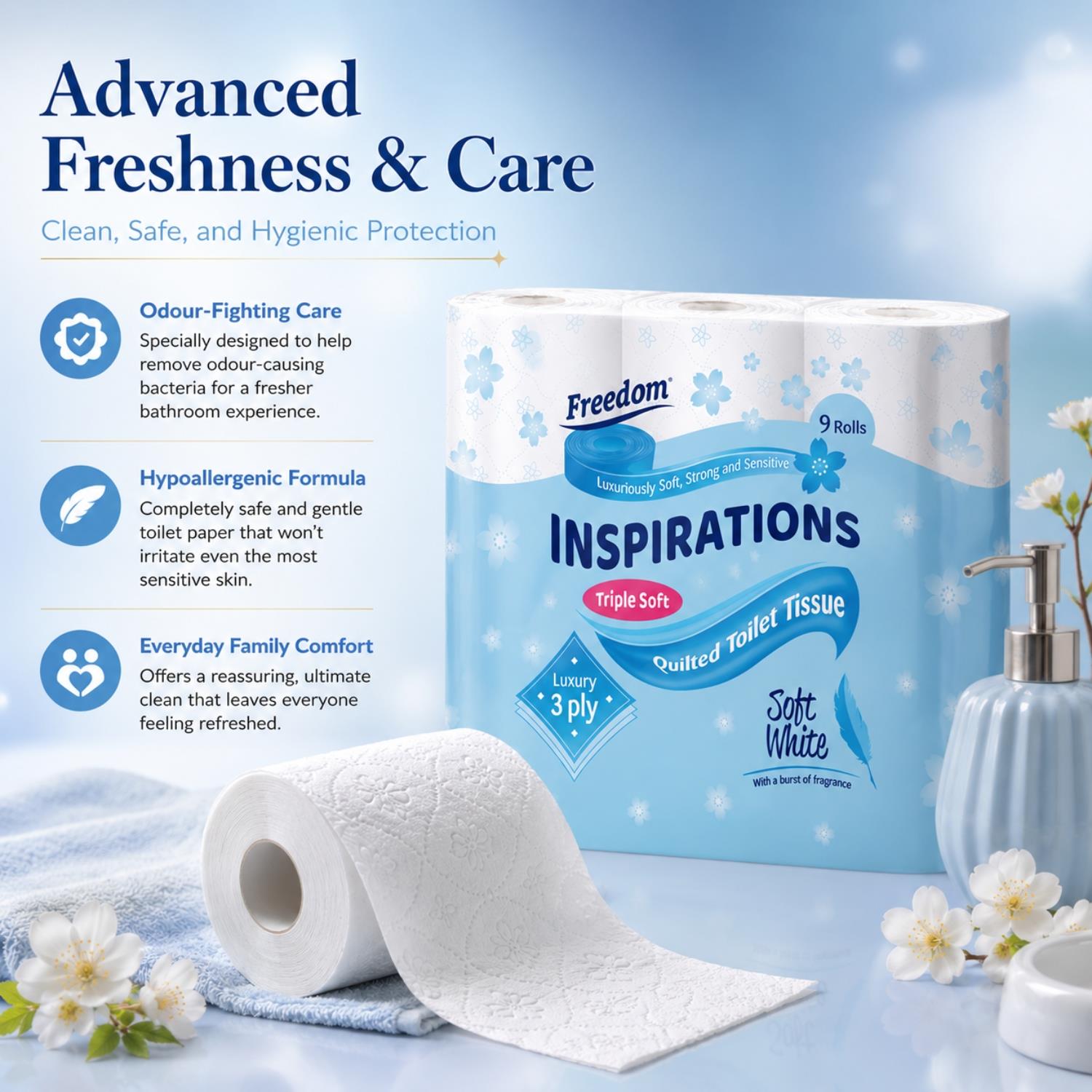 Freedom White 3-ply Toilet Paper 45 Rolls + Aloe Vera 45 Rolls