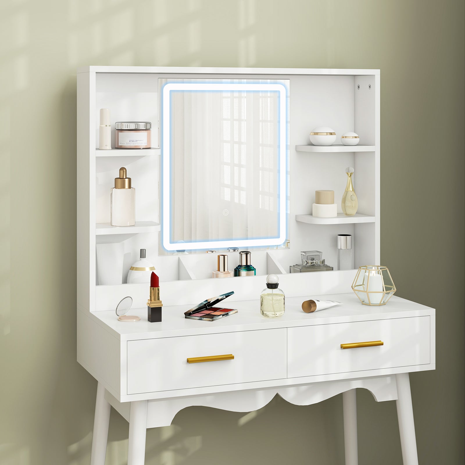 Dressing Table With Led Lighted Mirror And Cushioned Stool White