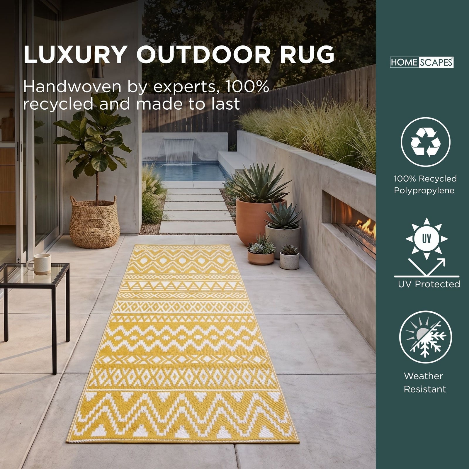 Luxury Outdoor Rug Waterproof Reversible For Garden Patio 100% Recycled, Yellow Anna Aztec | 75cm x 200cm | Yellow