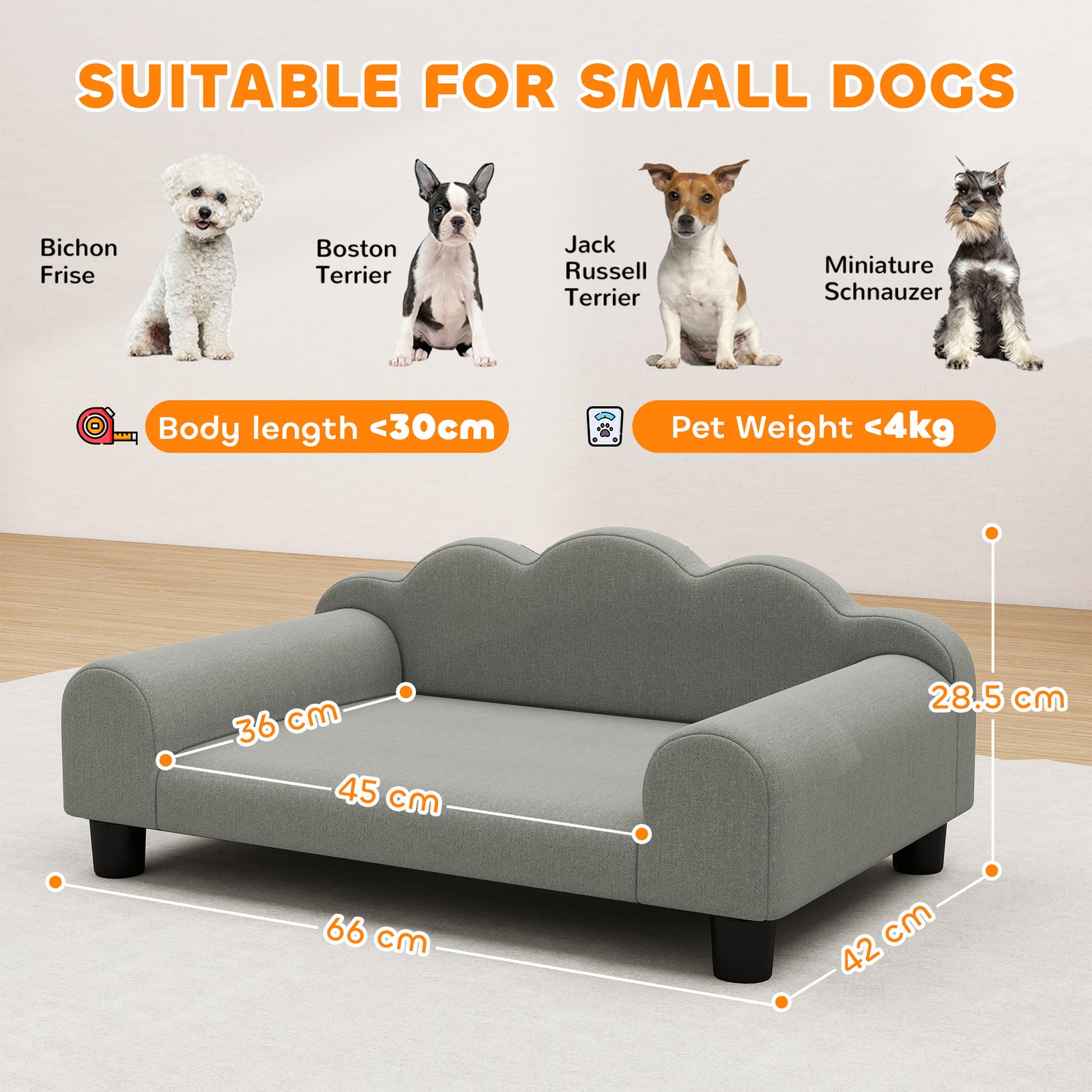 Dog Sofa Bed, Cat Sofa With Backrest, Armrest, For Small Dogs | Grey