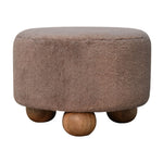 Solid Mango Wood Mocha Faux Fur Round Ball Footstool