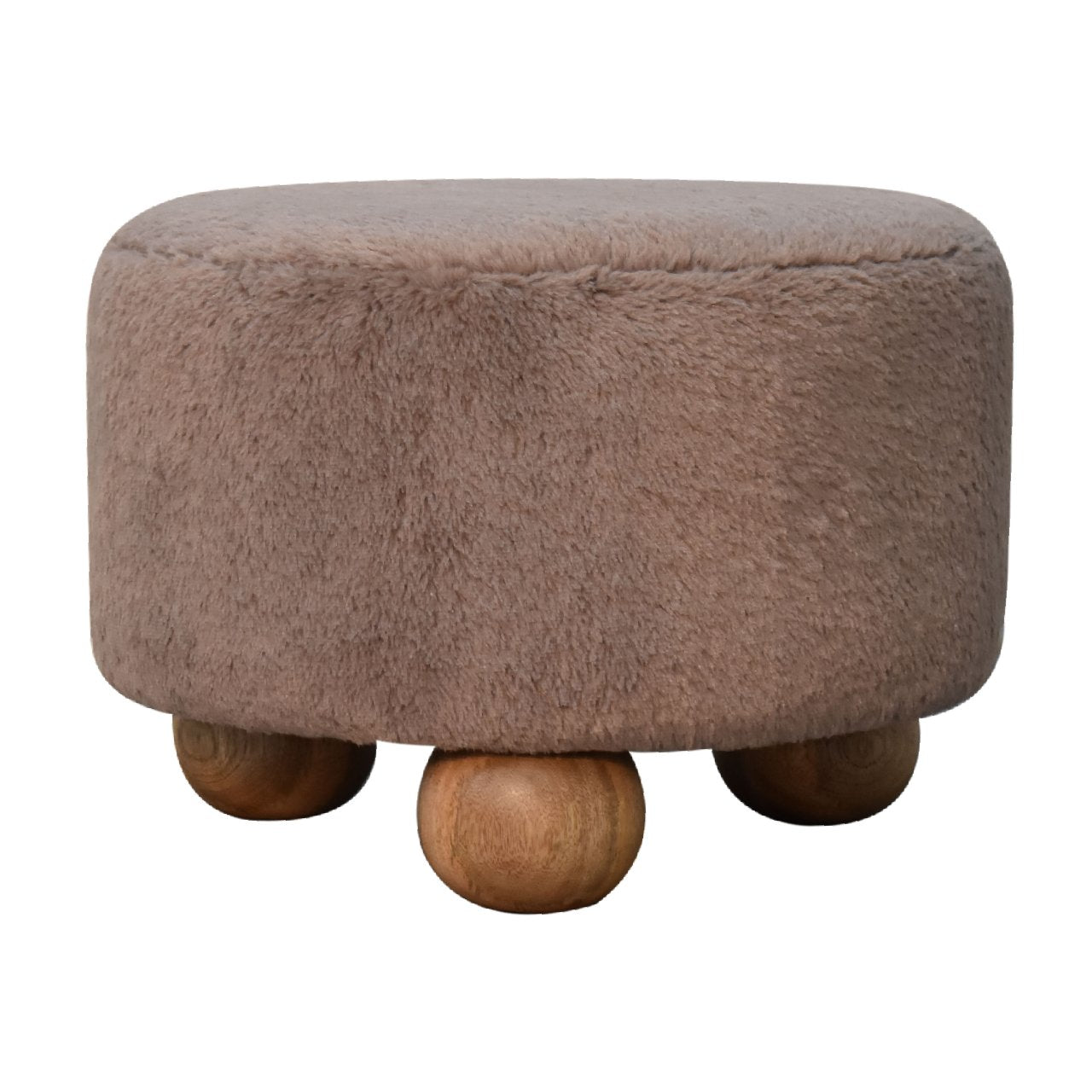 Solid Mango Wood Mocha Faux Fur Round Ball Footstool