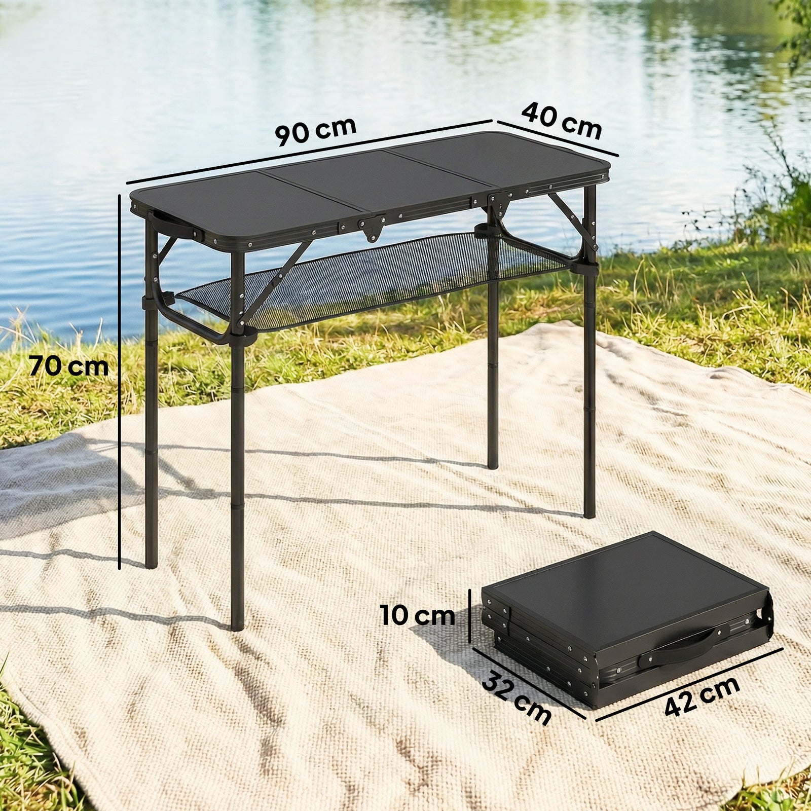 3ft Folding Camping Table, Picnic Table With Storage Layer | Black
