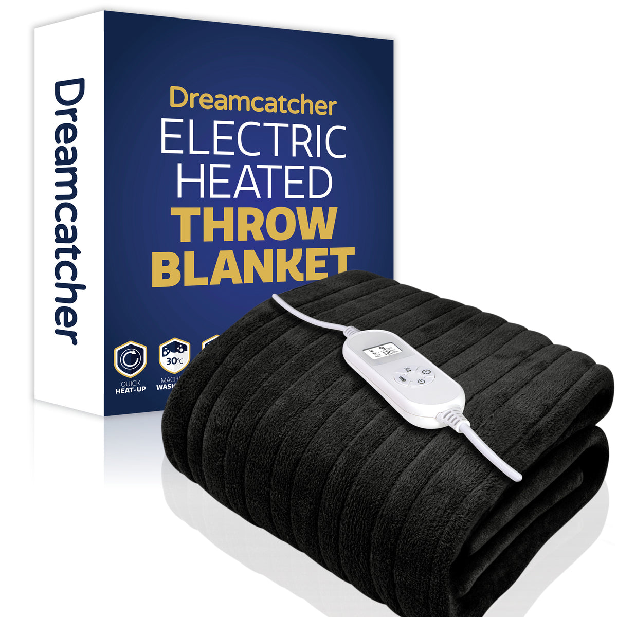 Dreamcatcher Deluxe Xl Electric Throw Heated Double Over Blanket Soft Fleece Black 9 Heat & 12hr Timer