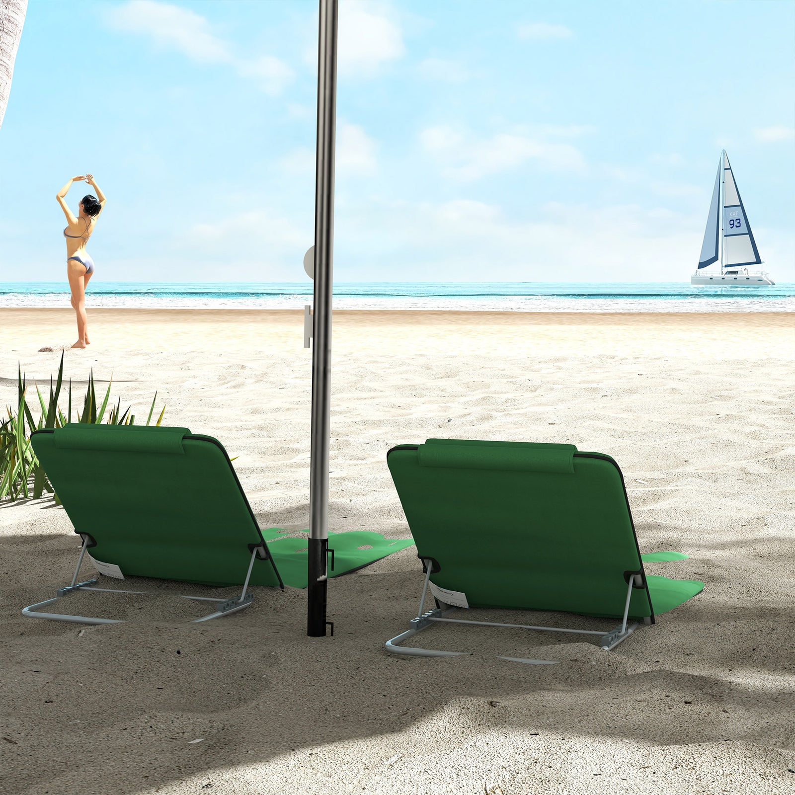 2pc Outdoor Beach Mat Steel Reclining Chair Set W/ Pillow | Green