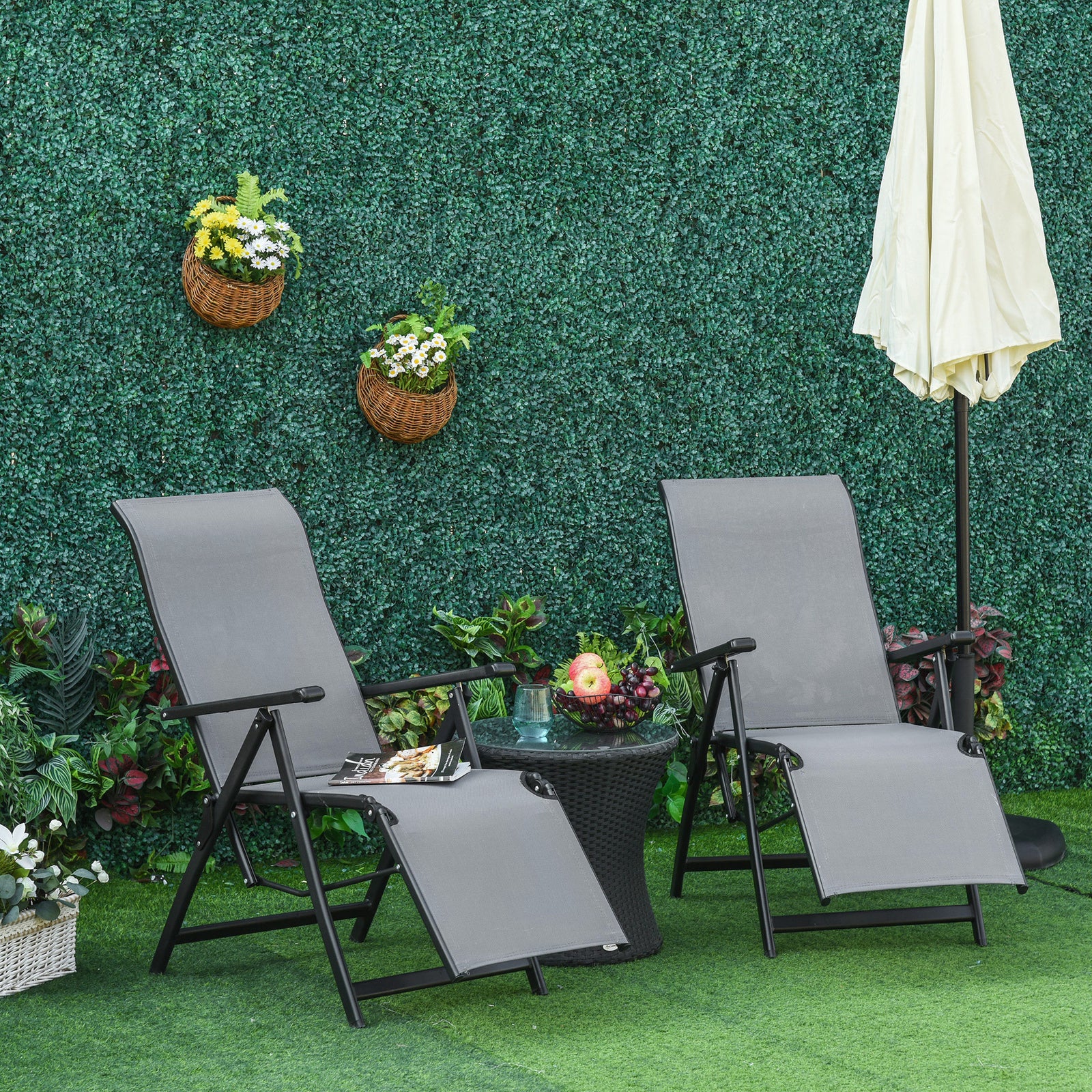 Set Of 2 Outdoor Sun Recliner Loungers W/adjustable Footrest | Gray