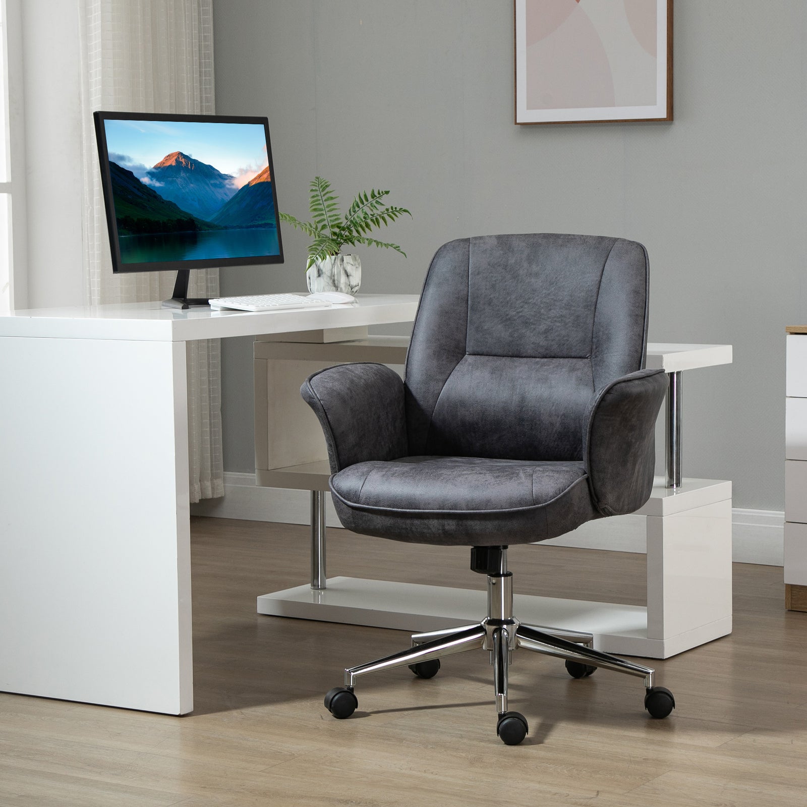 Mid Back Office Chair Swivel Home Study Bedroom | Charcoal Gray