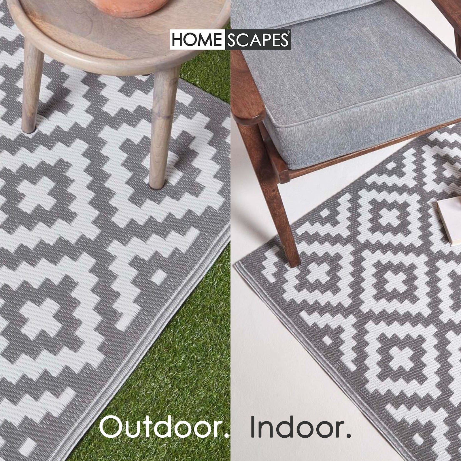 Luxury Outdoor Rug Waterproof Reversible For Garden Patio 100% Recycled, Grey Zoe Geometric | 180cm x 270cm | Grey