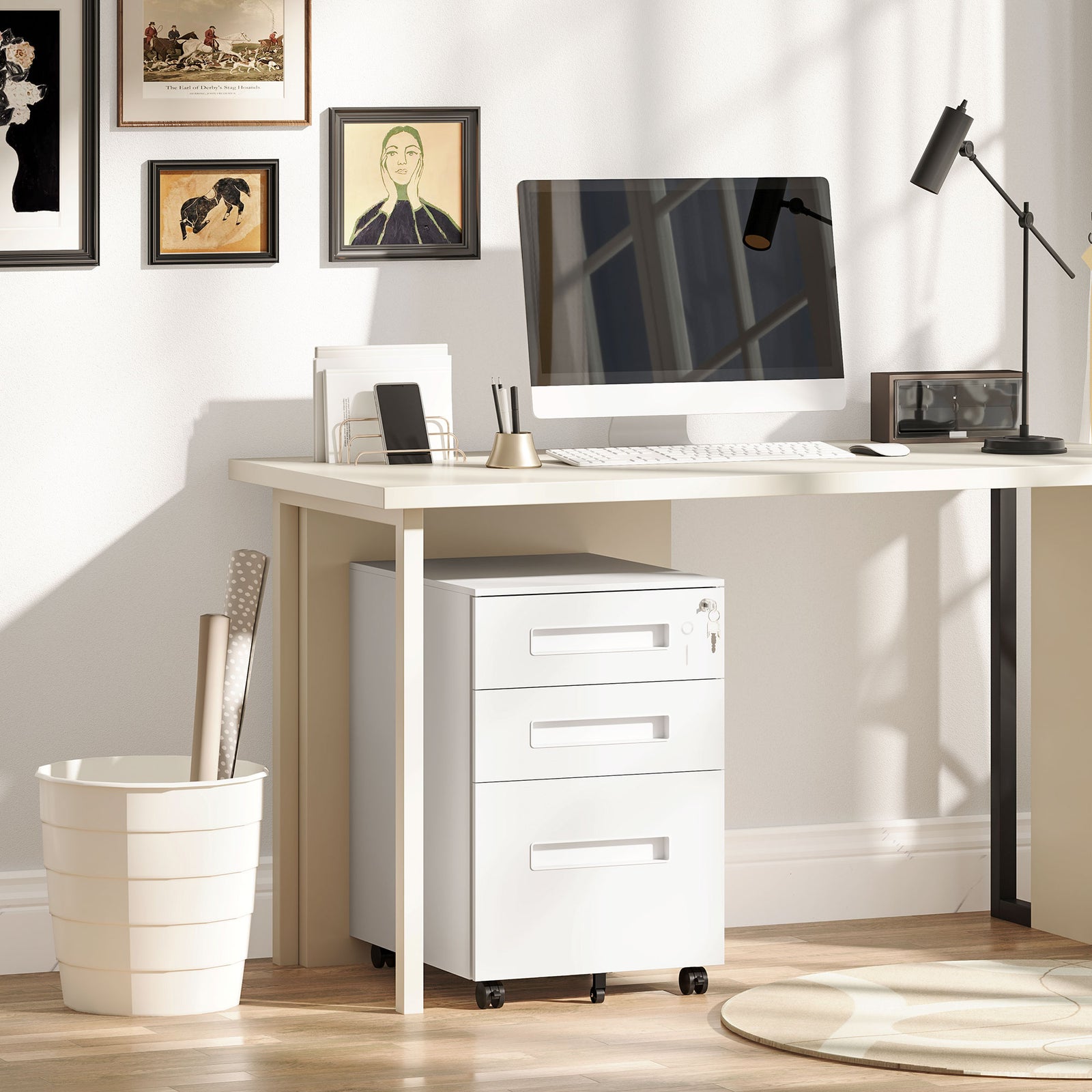 Lockable Mobile Filing Cabinet W/ 3 Drawers | Large | White
