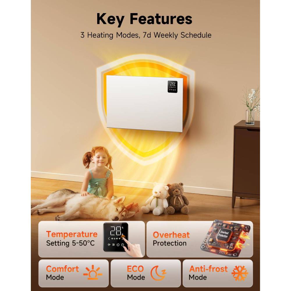 1000w/1500w/2000w Convection Heater With Wifi App & Voice Control, 3 Modes, 24h/7d Timer, Remote Control, Child Lock, Wall Mounted Or Freestanding | Medium