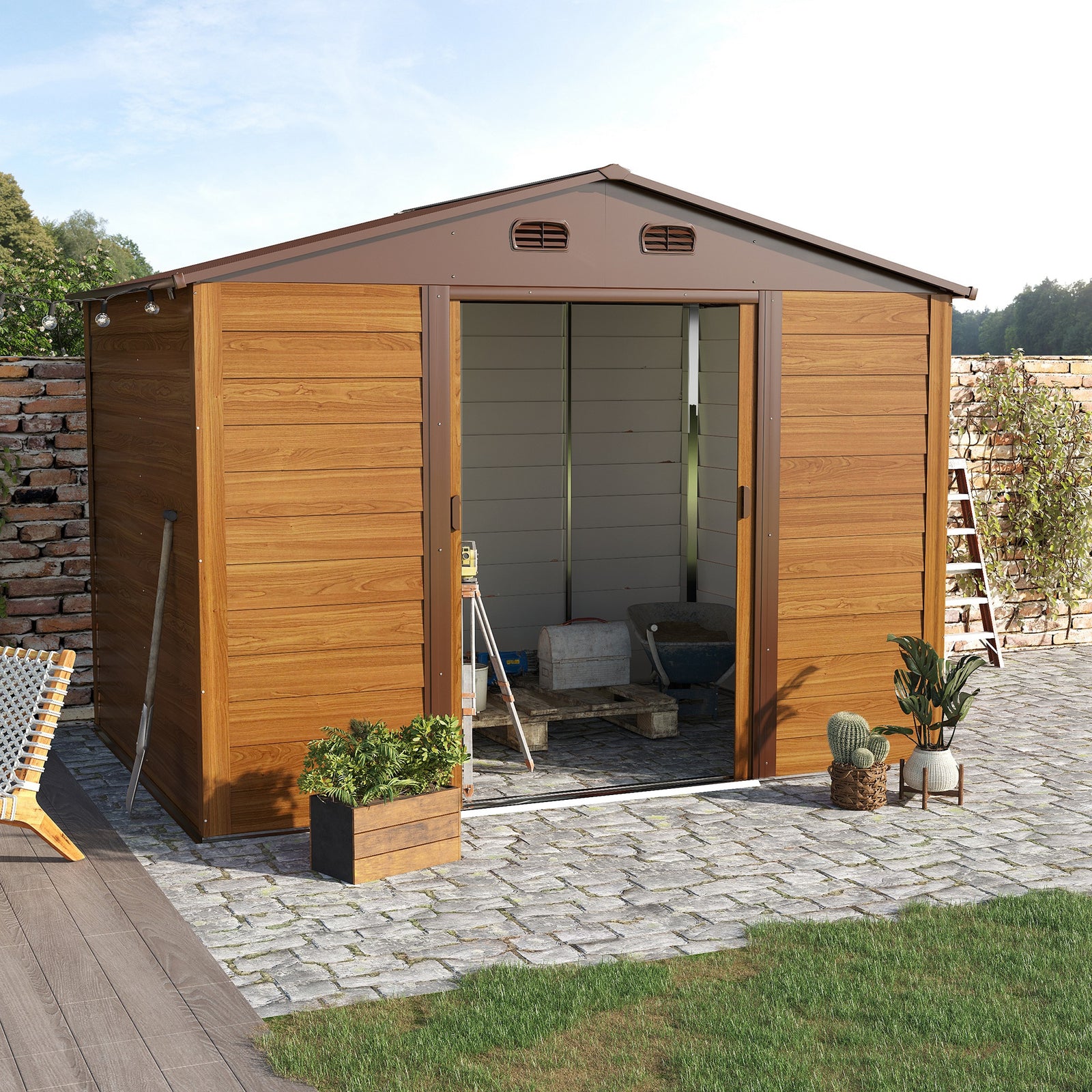 Garden Shed Wood Effect Tool Storage Sliding Door Wood Grain | Large | Brown