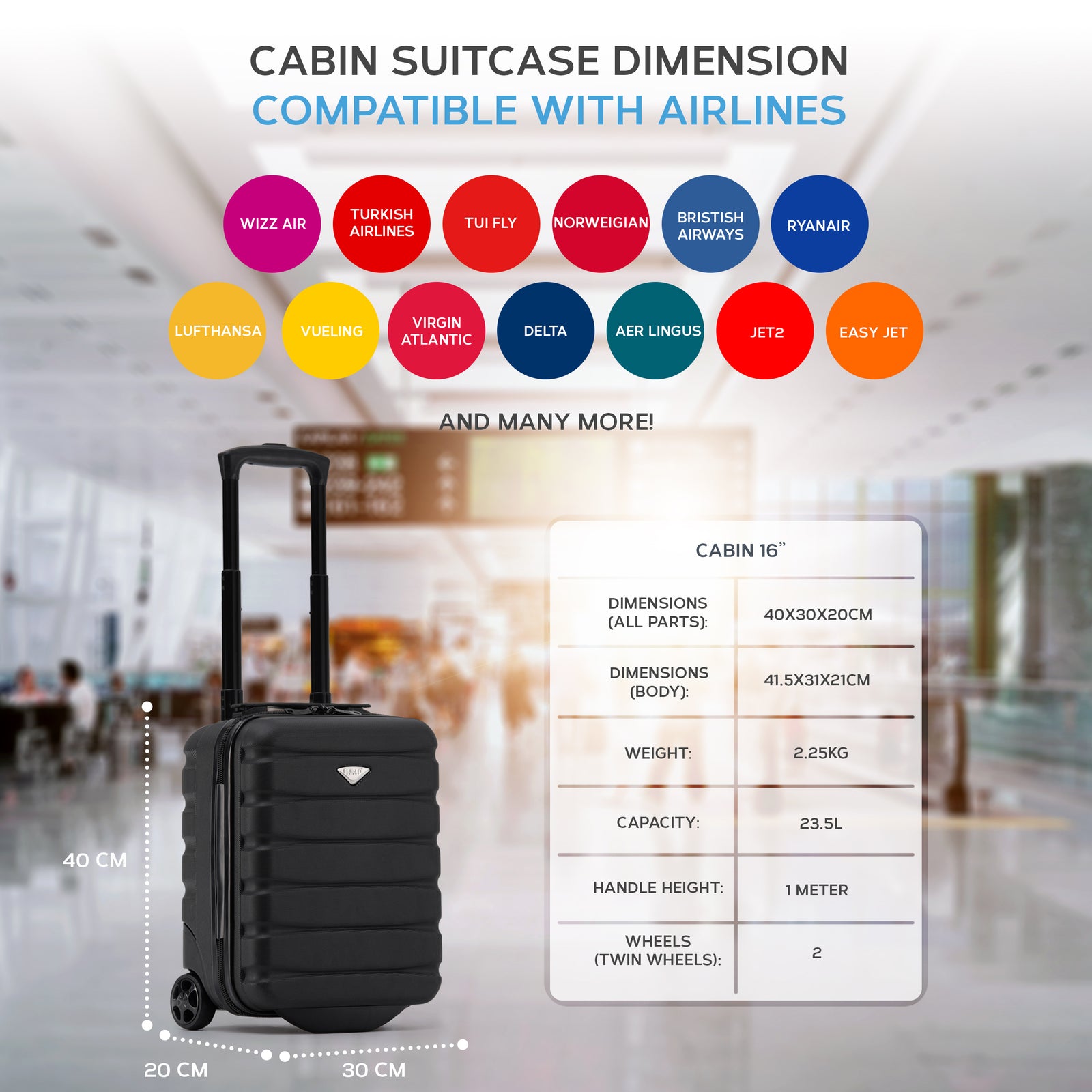 45x36x20cm Cabin Carry On Luggage with Medium Case and Large Size Check-in Hold Suitcase | Cabin | Charcoal