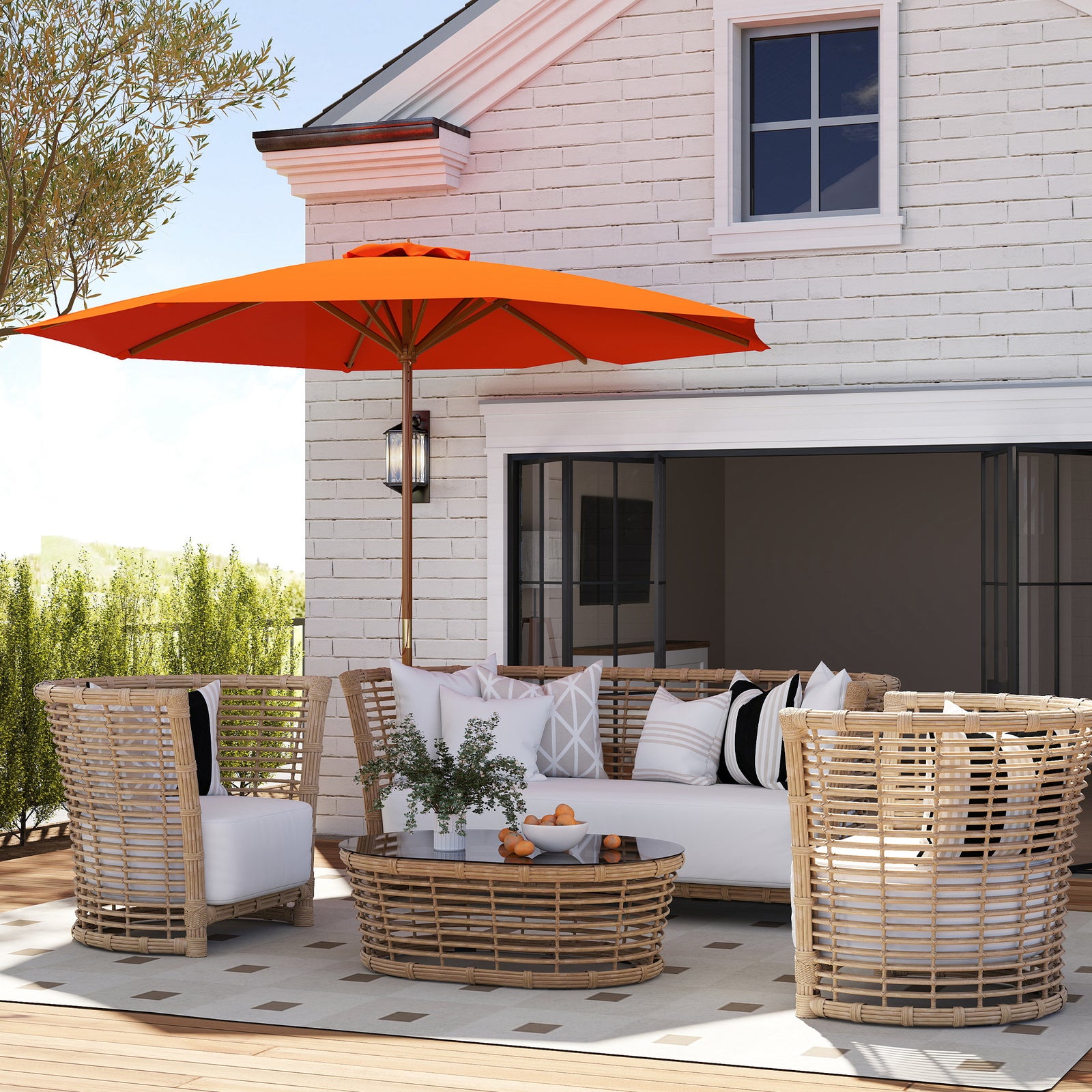 Wooden Garden Parasol With Rope Pulley Mechanism And 8 Ribs | Orange