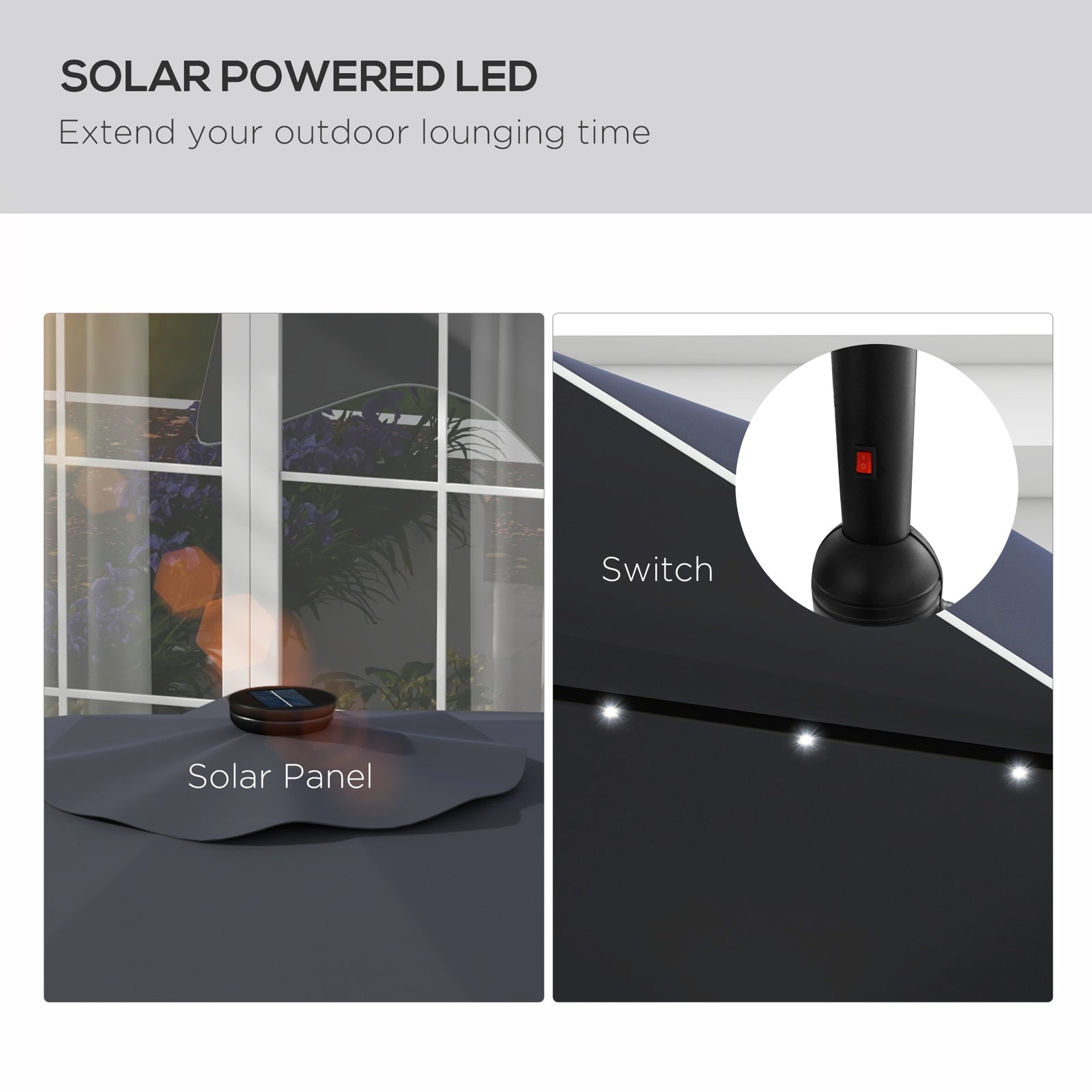 Solar Garden Parasol W/ Led, Tilt | Dark Gray