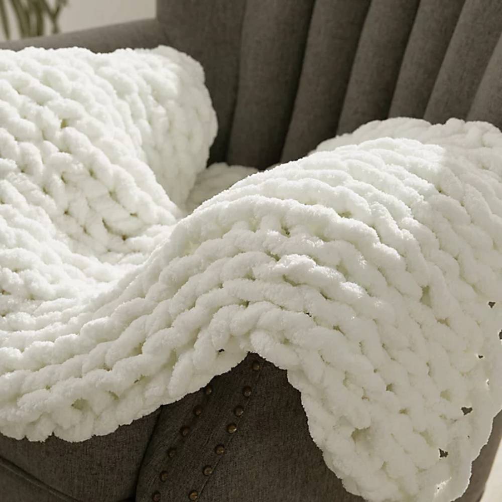 Milk White Hand-woven Chenille Throw Blanket – Soft Cozy Knit Blanket For Couch, Sofa & Bed | Large