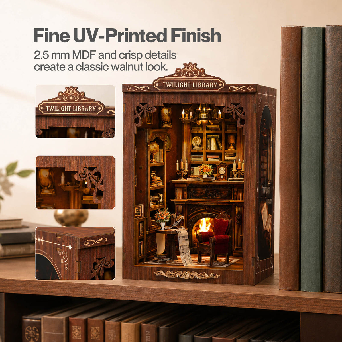 Book Nook Kit For Adults Wooden Miniature Bookstore With Led Walnut