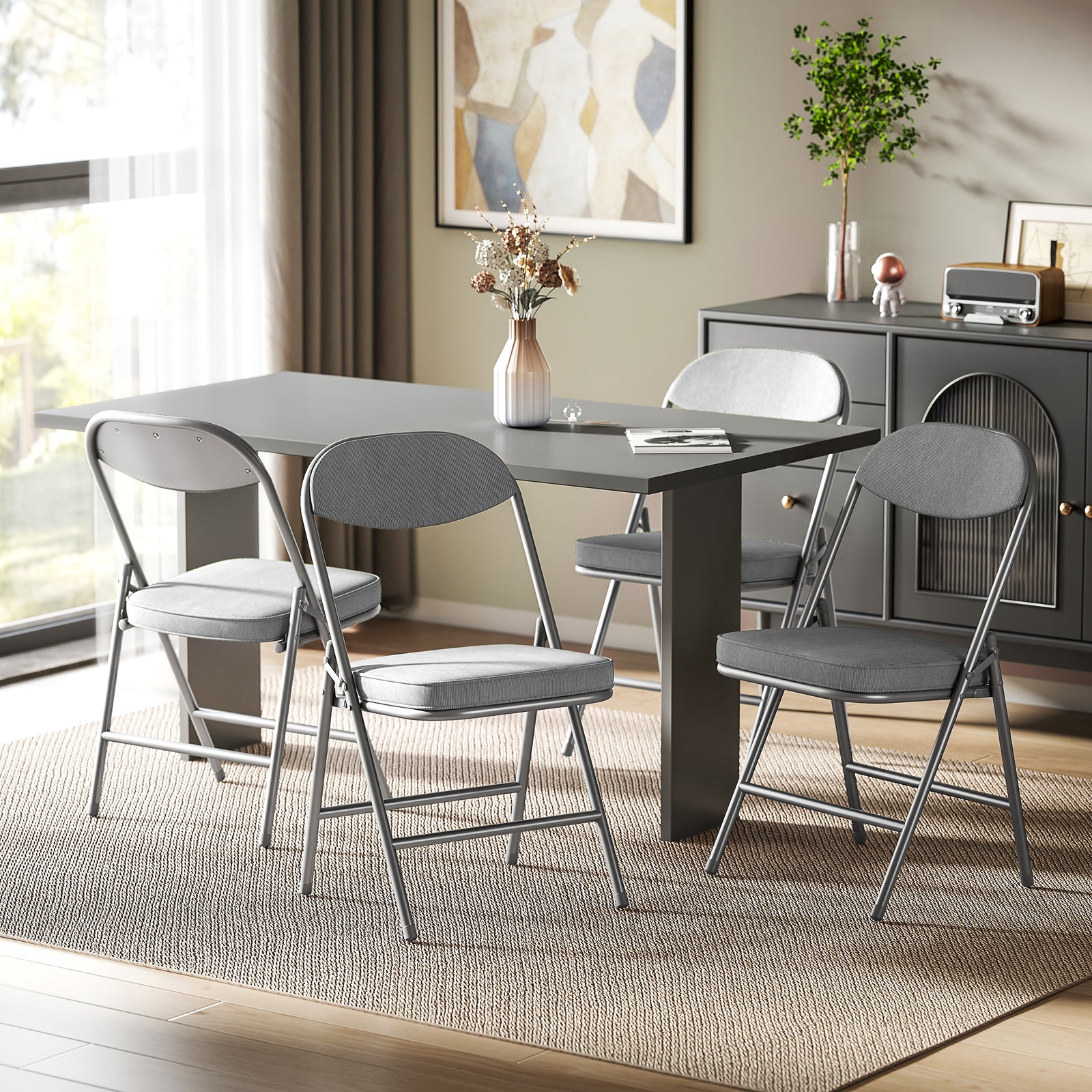 Folding Chairs Set Of 4 With Cushioned Seat, Steel Frame, Grey | Grey
